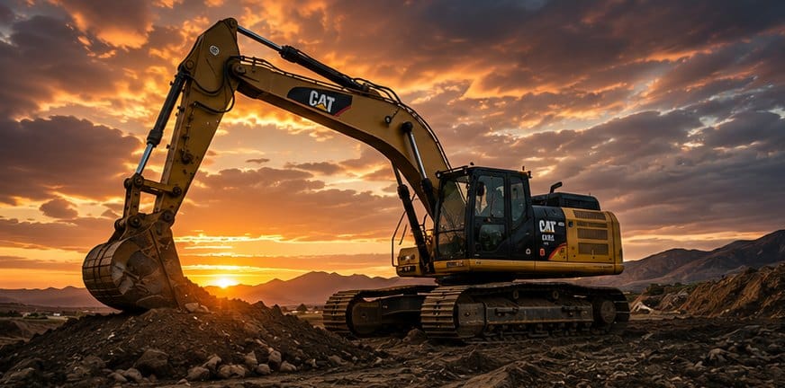 Used construction equipment at a Northern California work site at sunset