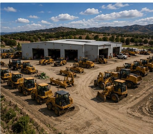 McIntyre Equipment yard with the shop and rows of used equipment